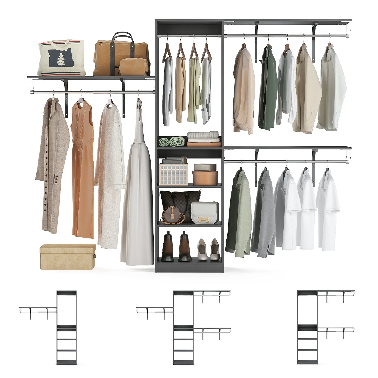 FARINI Heavy Duty Closet Organizer With 4 Hang Rods And 5 Shelves