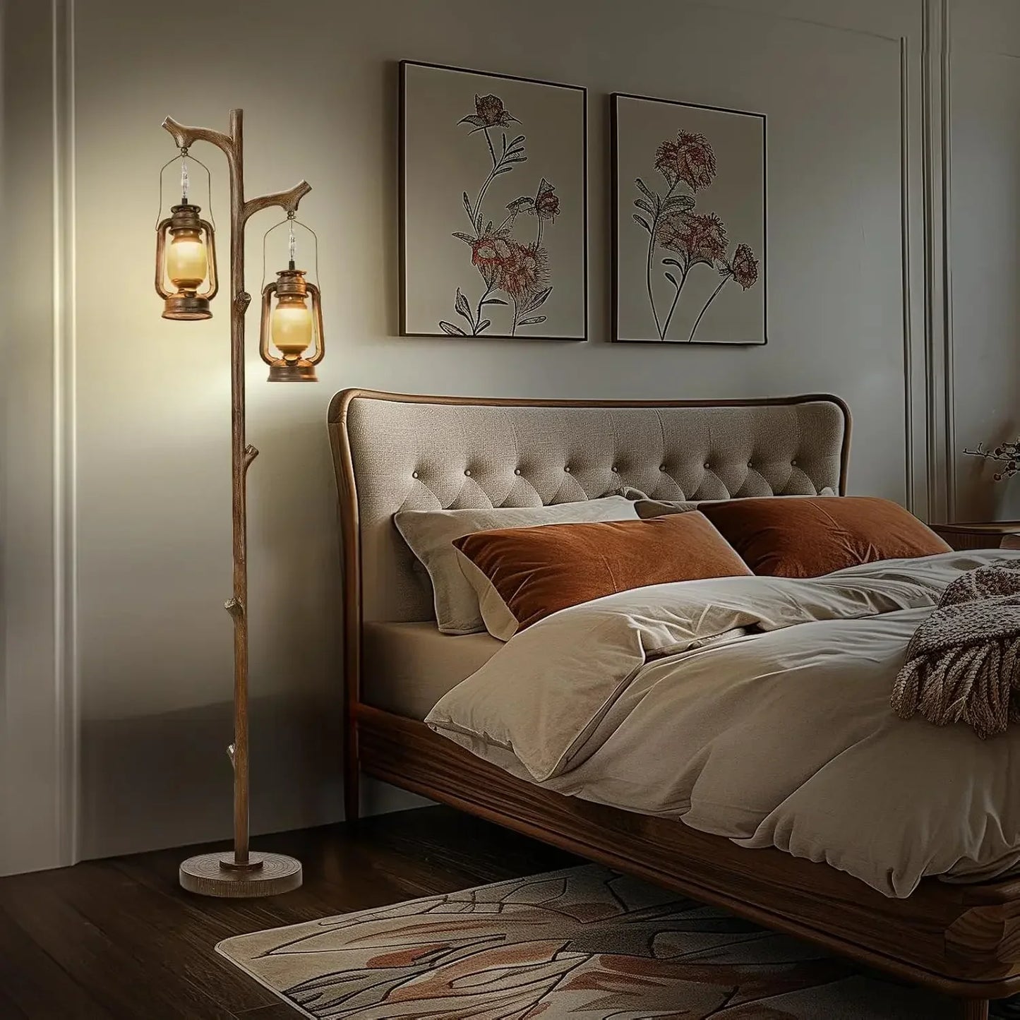 Rustic Farmhouse Tree Trunk Floor Lamp Lantern Dimmable