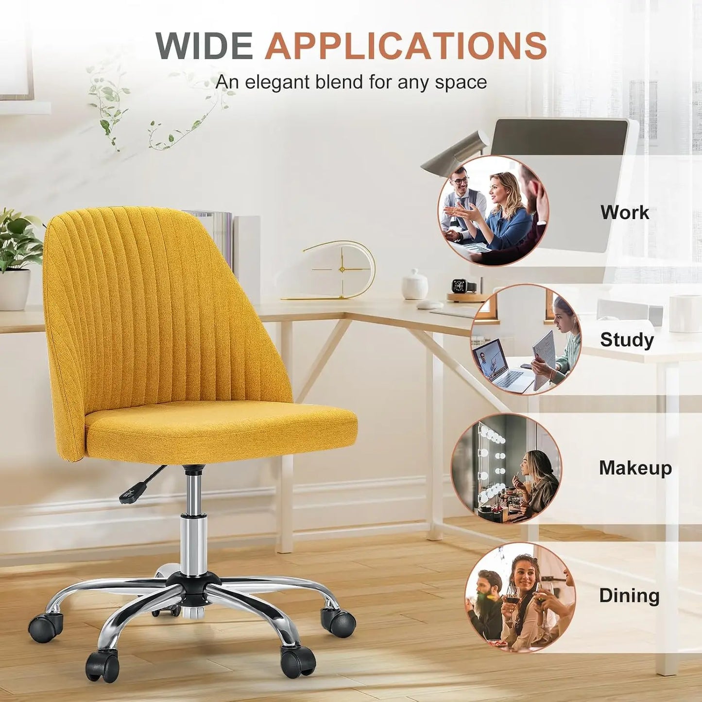 Height Adjustable Armless Vanity Office Chair With Rolling Wheels