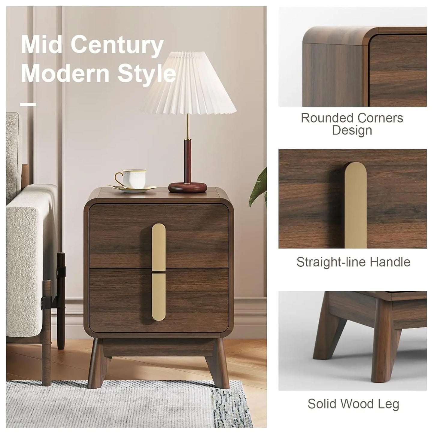 Mid Century Modern Nightstands Set With Drawers Solid Wood Legs