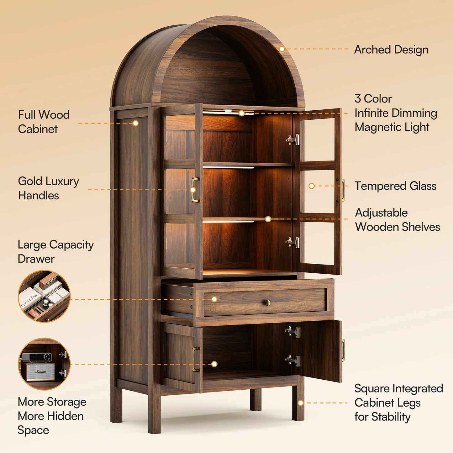 Cottinch Arched Wood Storage Cabinet With Dimmable Led Lights