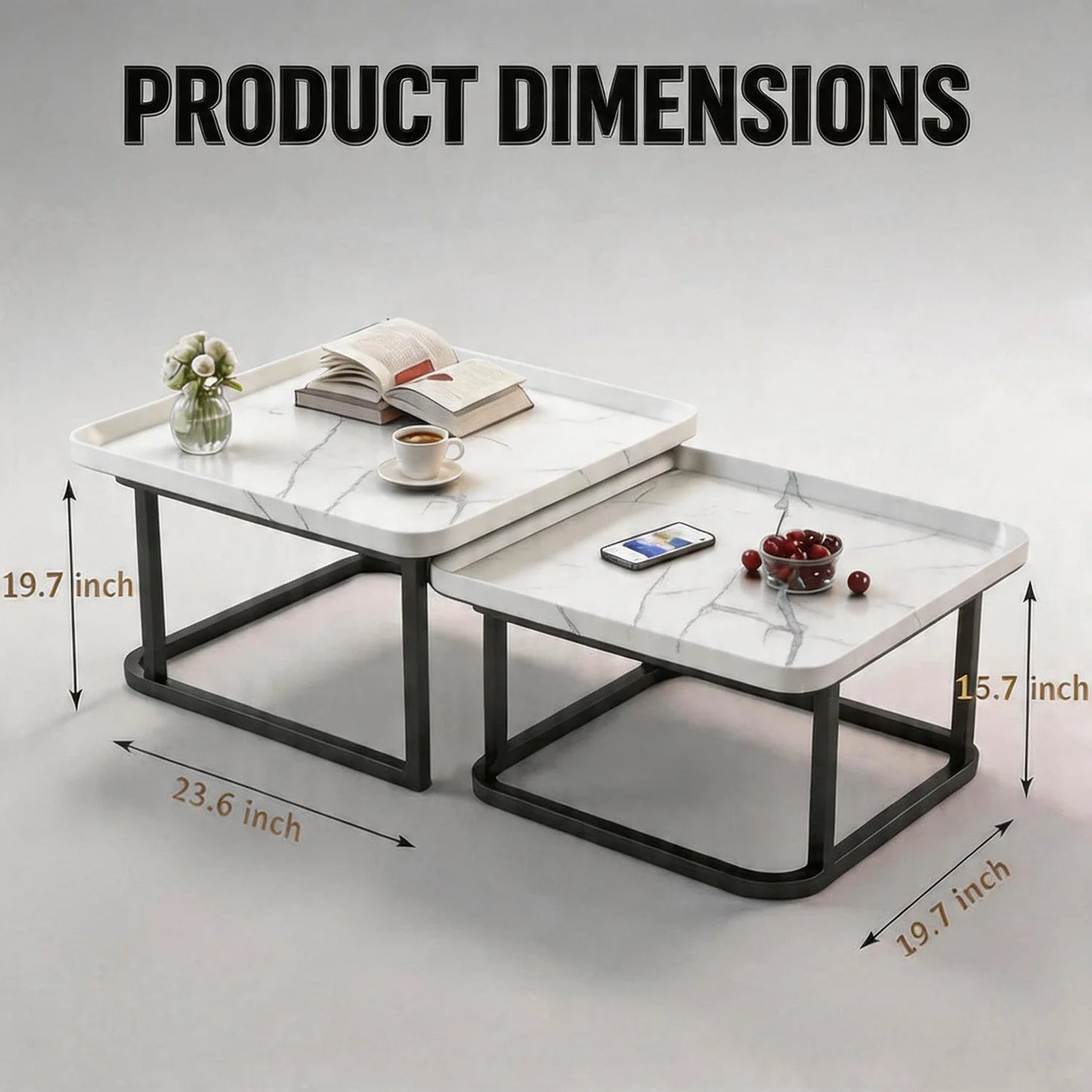 HiMISS Square Nesting Coffee Tables With Fluted Wood Design