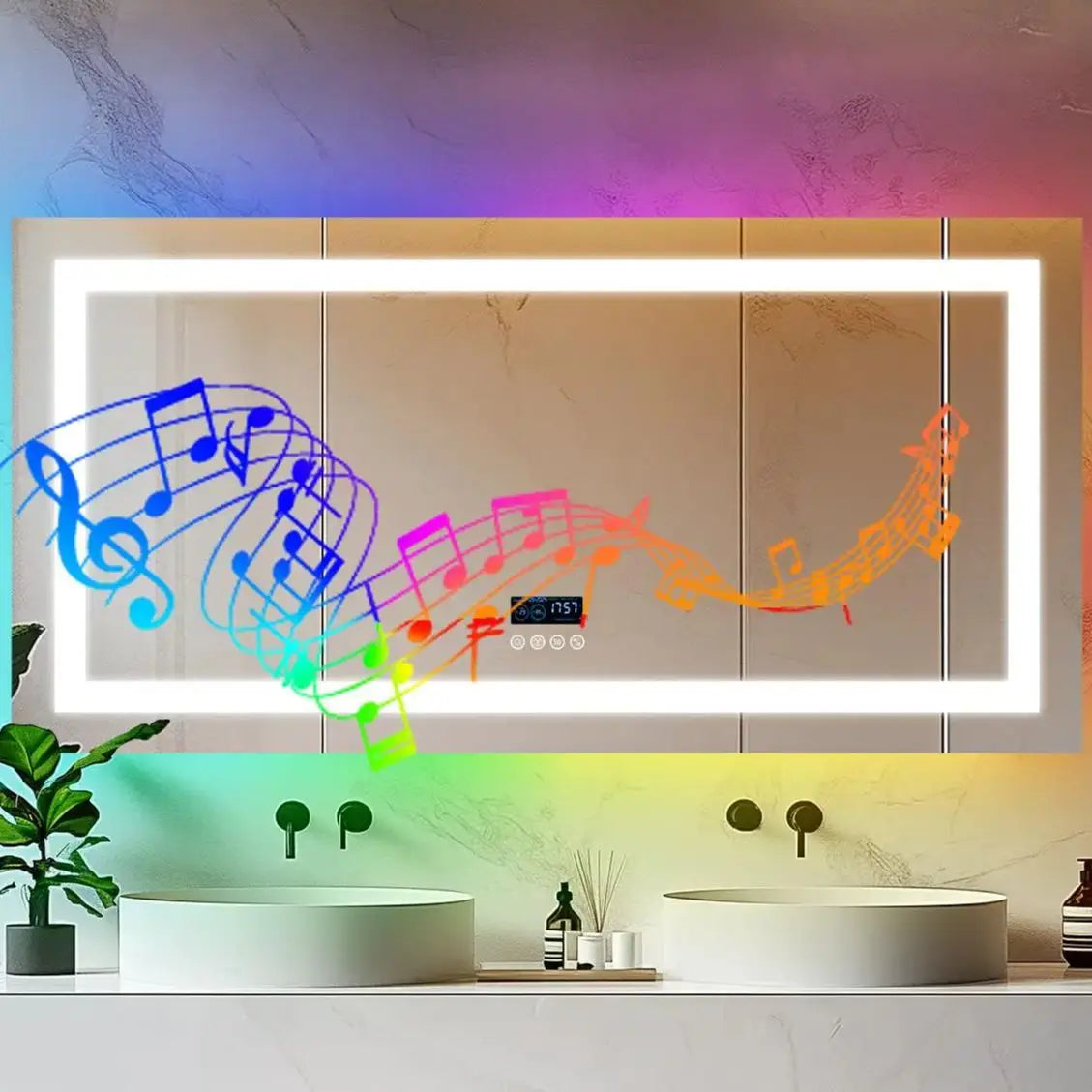 Rectangular LED Bathroom Mirror Front-Lit RGB Backlight Touch Antifog Bluetooth