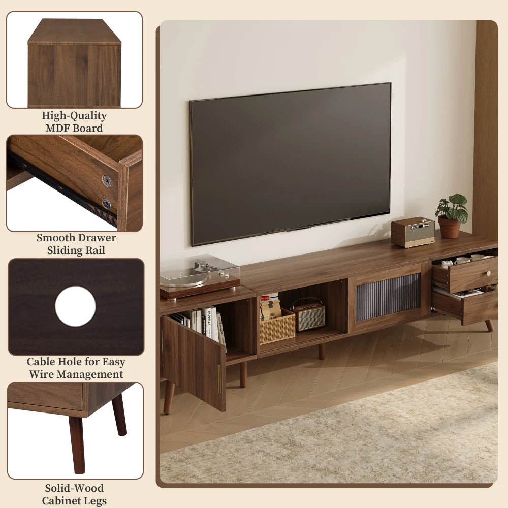 Modern Minimal Glass Doors TV Stand With Wood Grain Cabinets