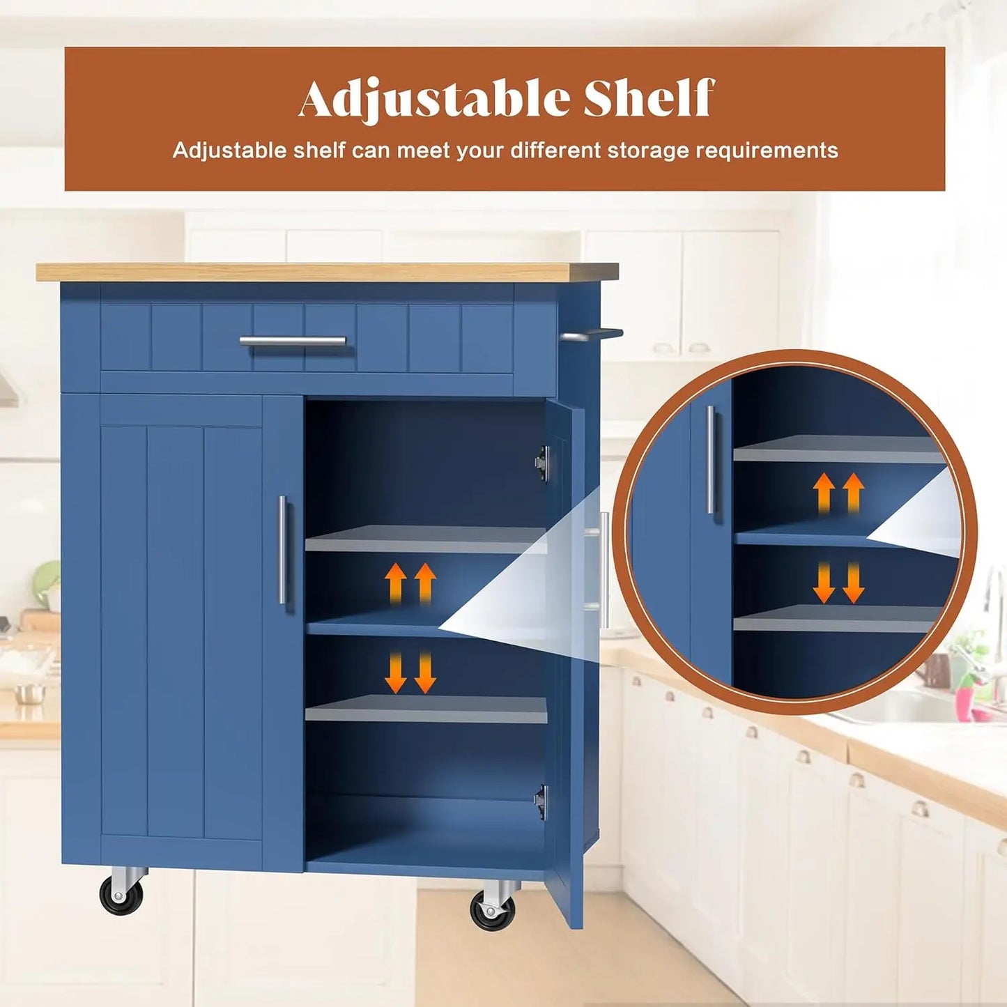 Rolling Kitchen Island Cart With Storage Cabinet And Towel Rack