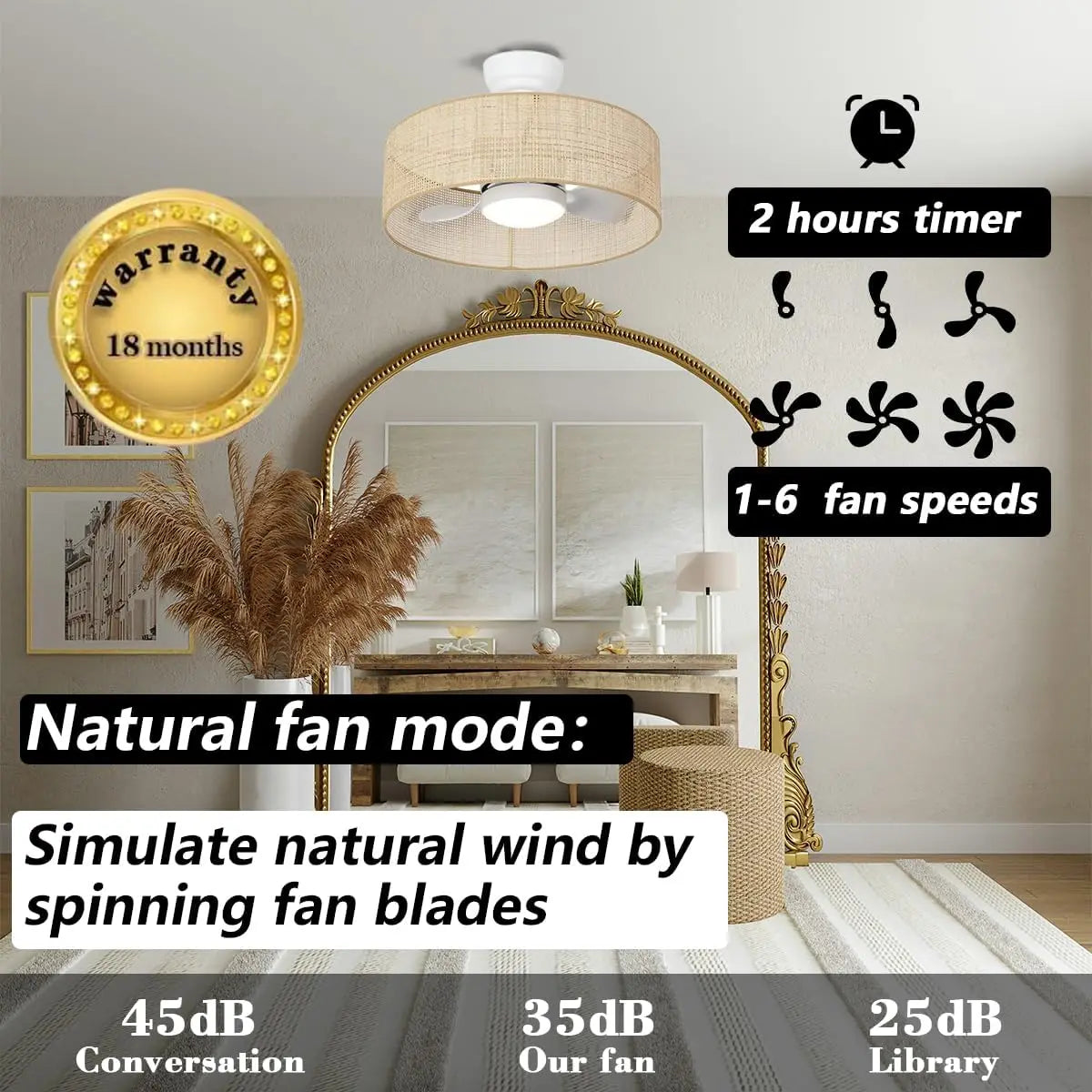 18W LED Dimmable Boho Drum Caged Ceiling Fan With Light