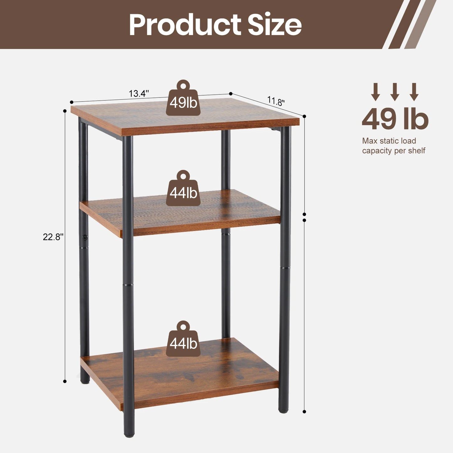 JHK 3 Tier End Table With Adjustable Feet Space Saving