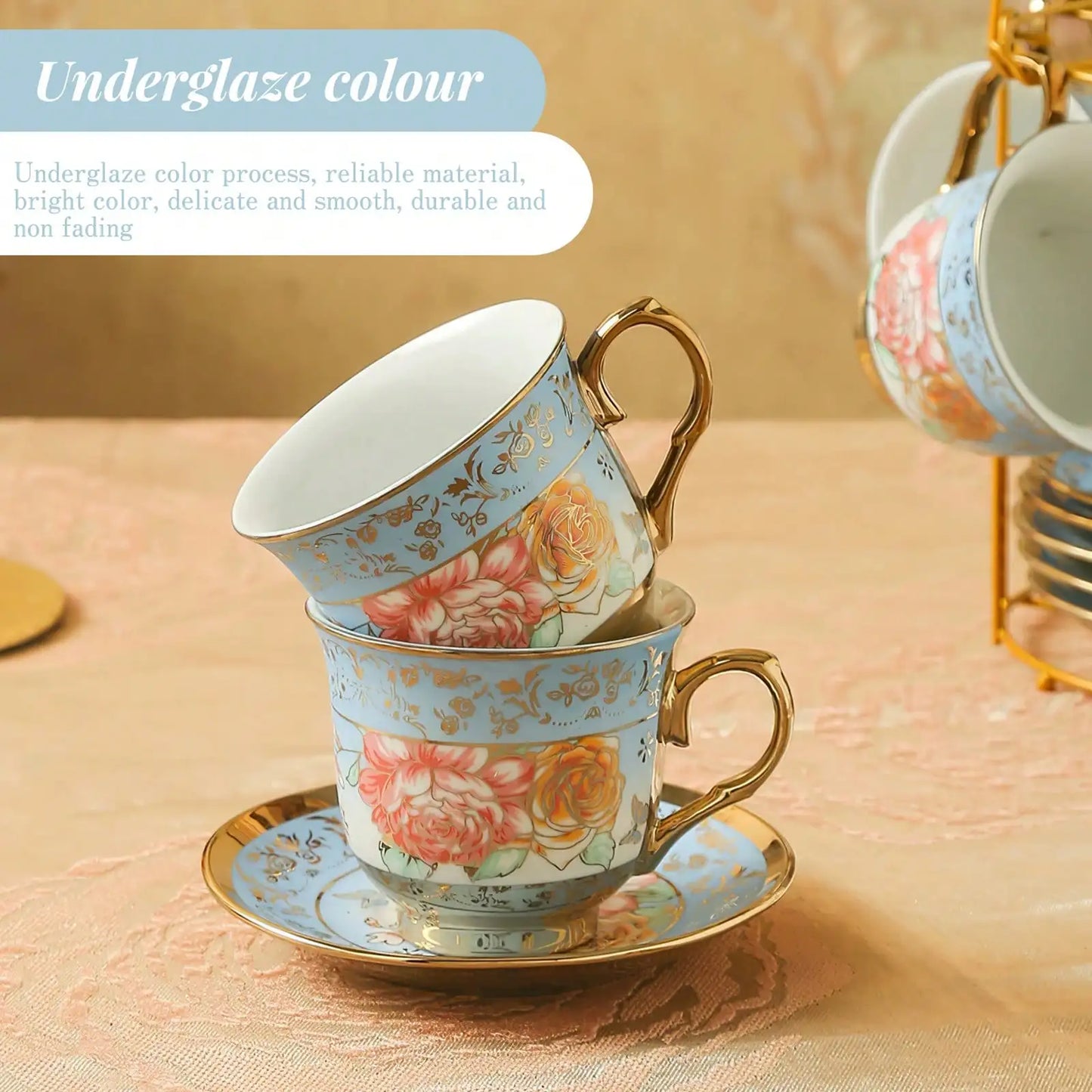 European Porcelain Tea Set With Metal Holder And Floral Pattern