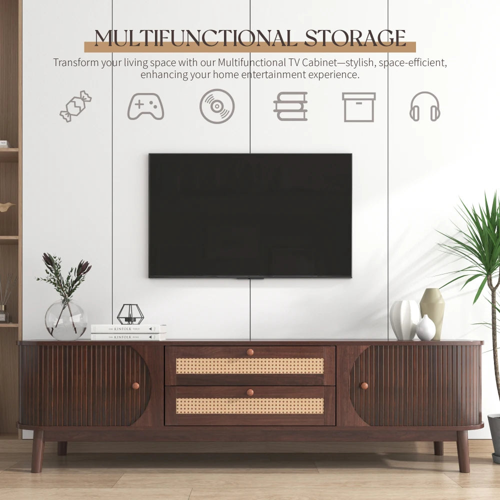 Rattan TV Stand Modern Farmhouse Media Console With Wood Legs
