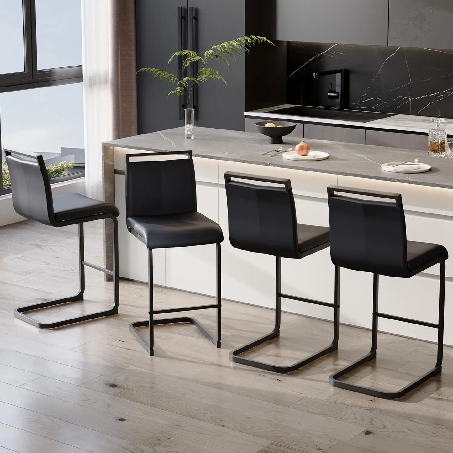 Frame Bar Stools 4 With Back Modern Faux Leather Seating
