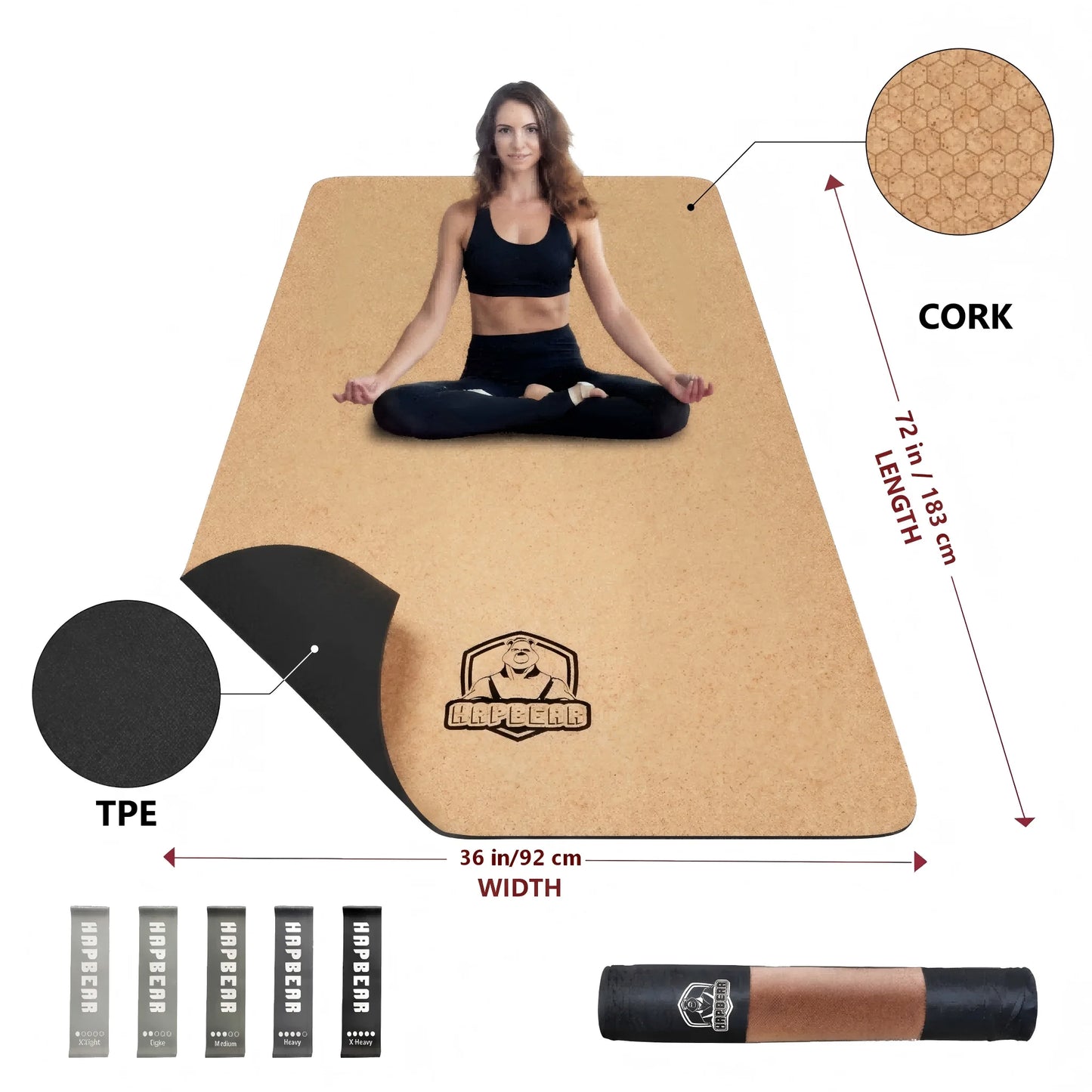 HAPBEAR Cork Yoga Mat Non-Slip for Home Workouts Carry Bag