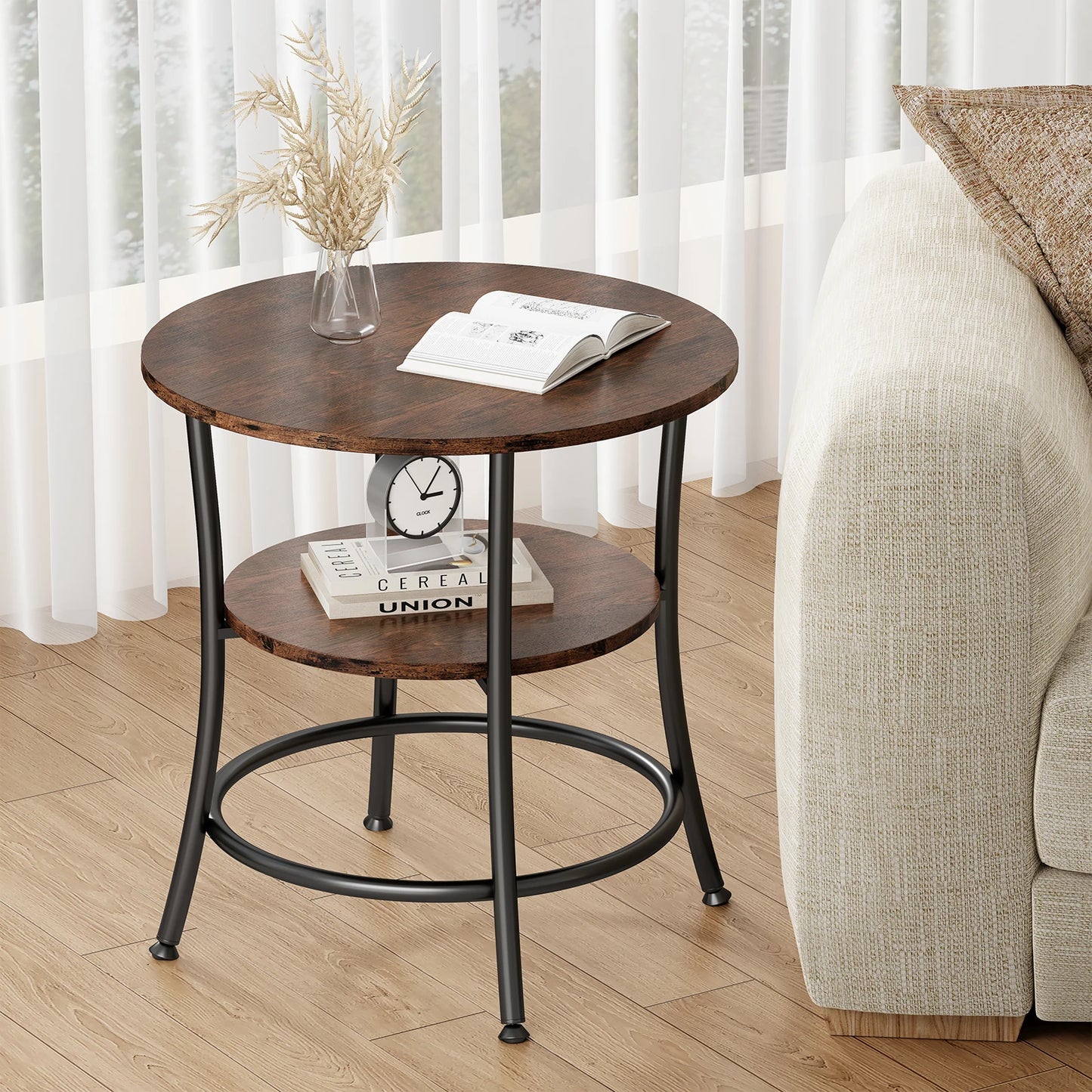 JHK Two Tier Round Coffee Table Metal Frame Storage Shelf