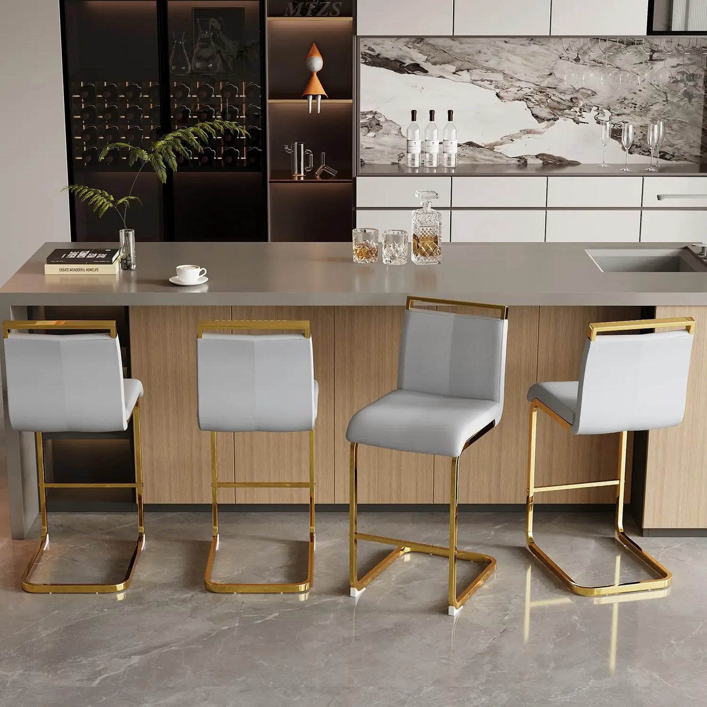 Frame Bar Stools 4 With Back Modern Faux Leather Seating