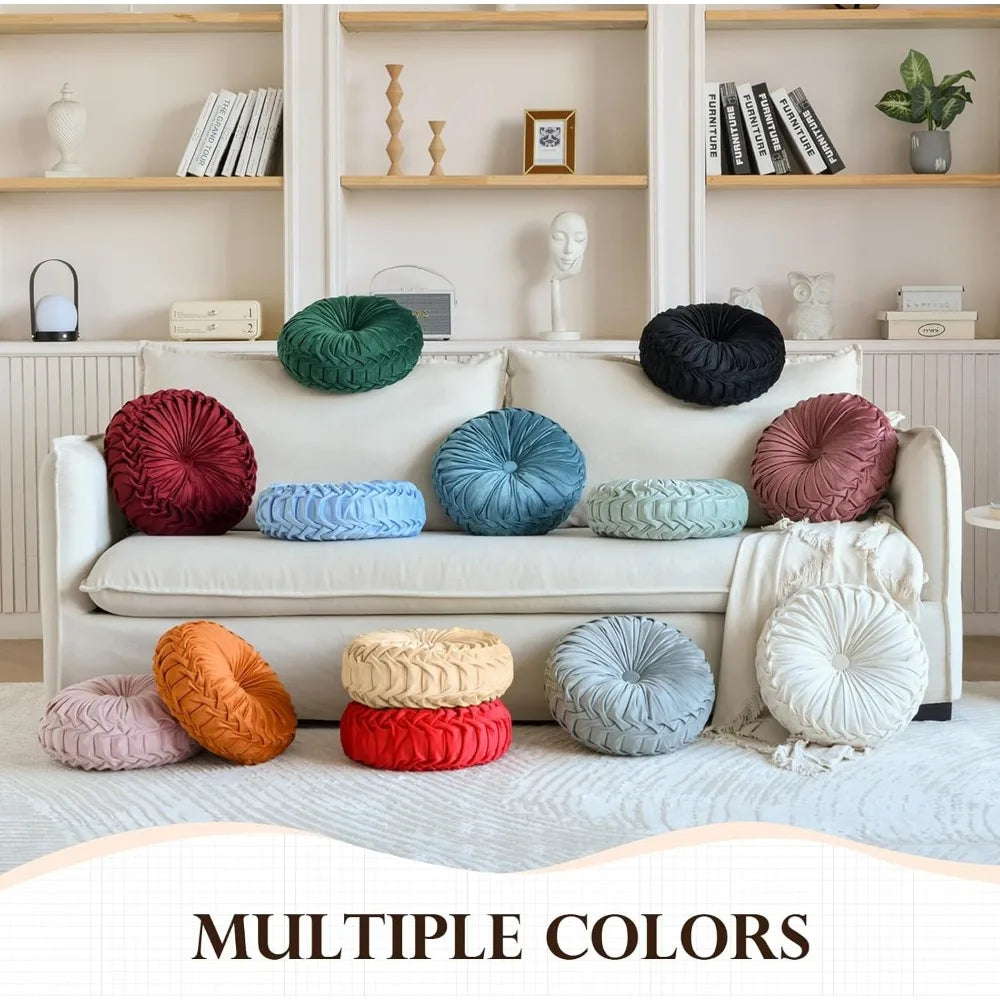 NBVCX Round Velvet Throw Pillow Pleated Cushion For Couch