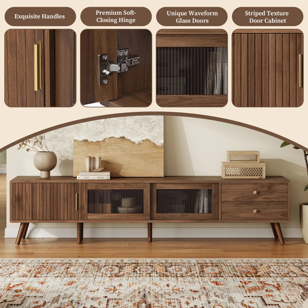 Modern Minimal Glass Doors TV Stand With Wood Grain Cabinets