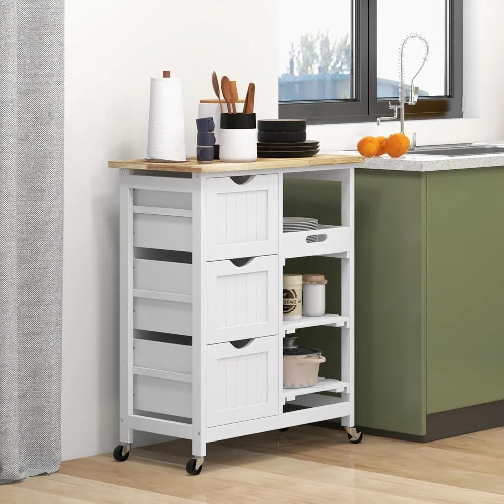 Rolling Kitchen Island Cart With Wood Top On Wheels Shelves