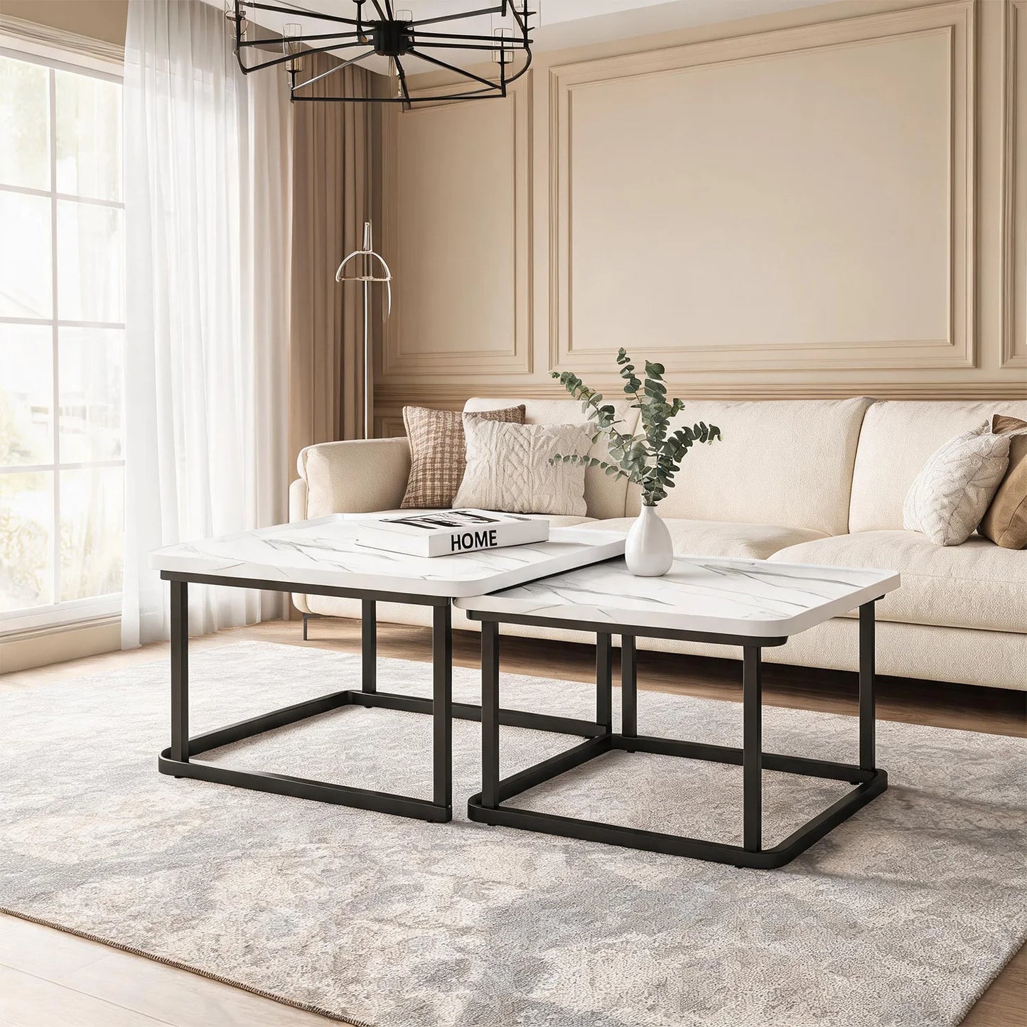 HiMISS Square Nesting Coffee Tables With Fluted Wood Design