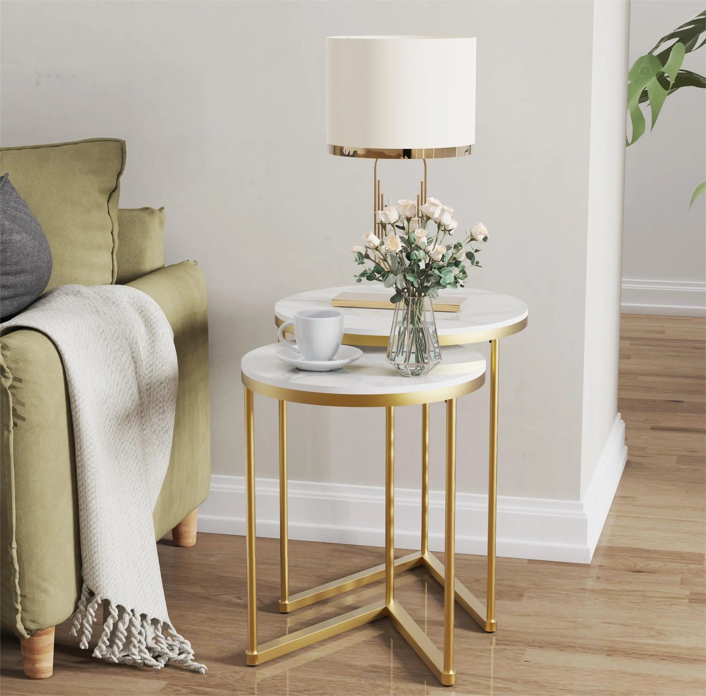 Modern Round Nesting Marble Side Tables With Metal Frame