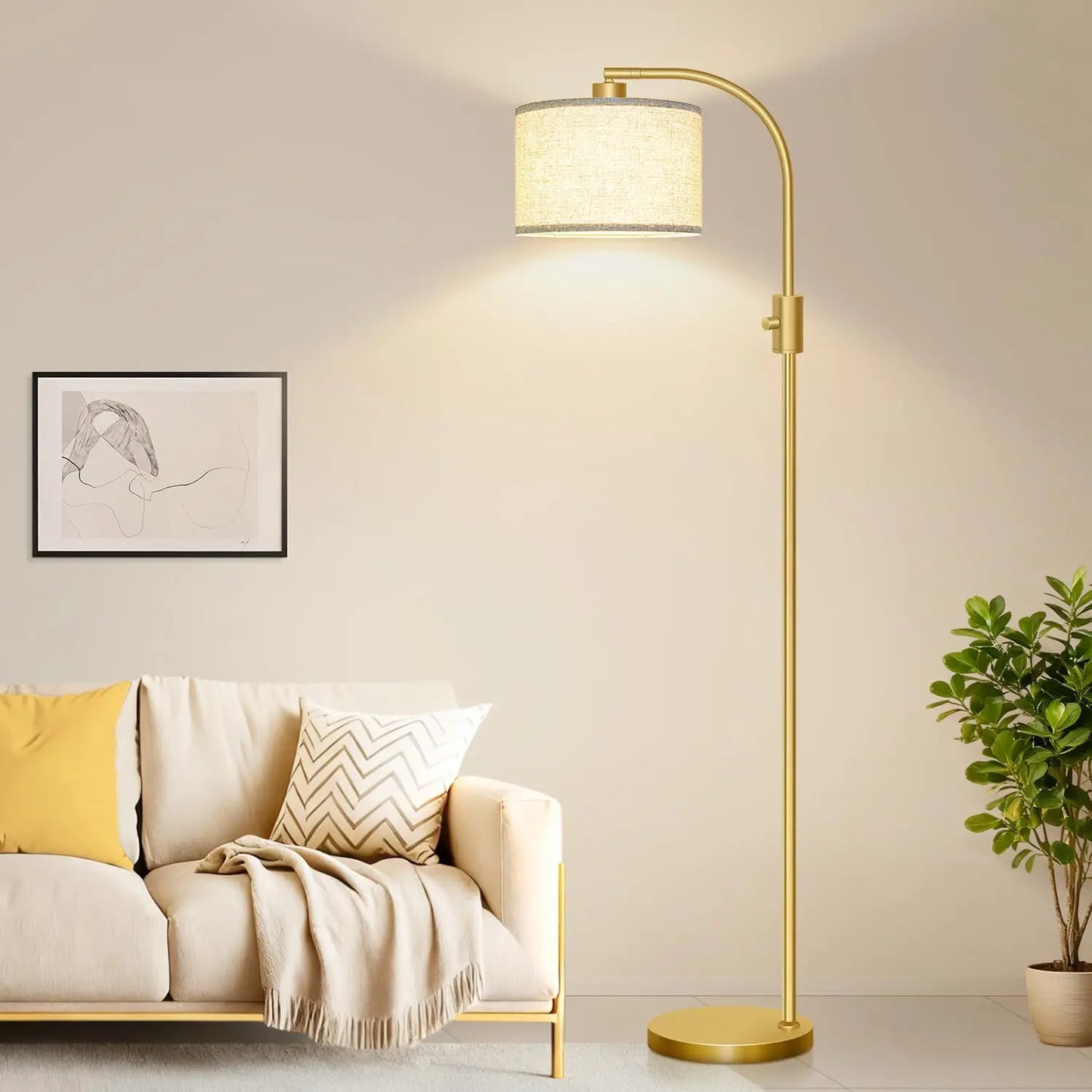 Modern Arc Dimmable Floor Lamp With Linen Shade 1200 Lumens LED Bulb Included