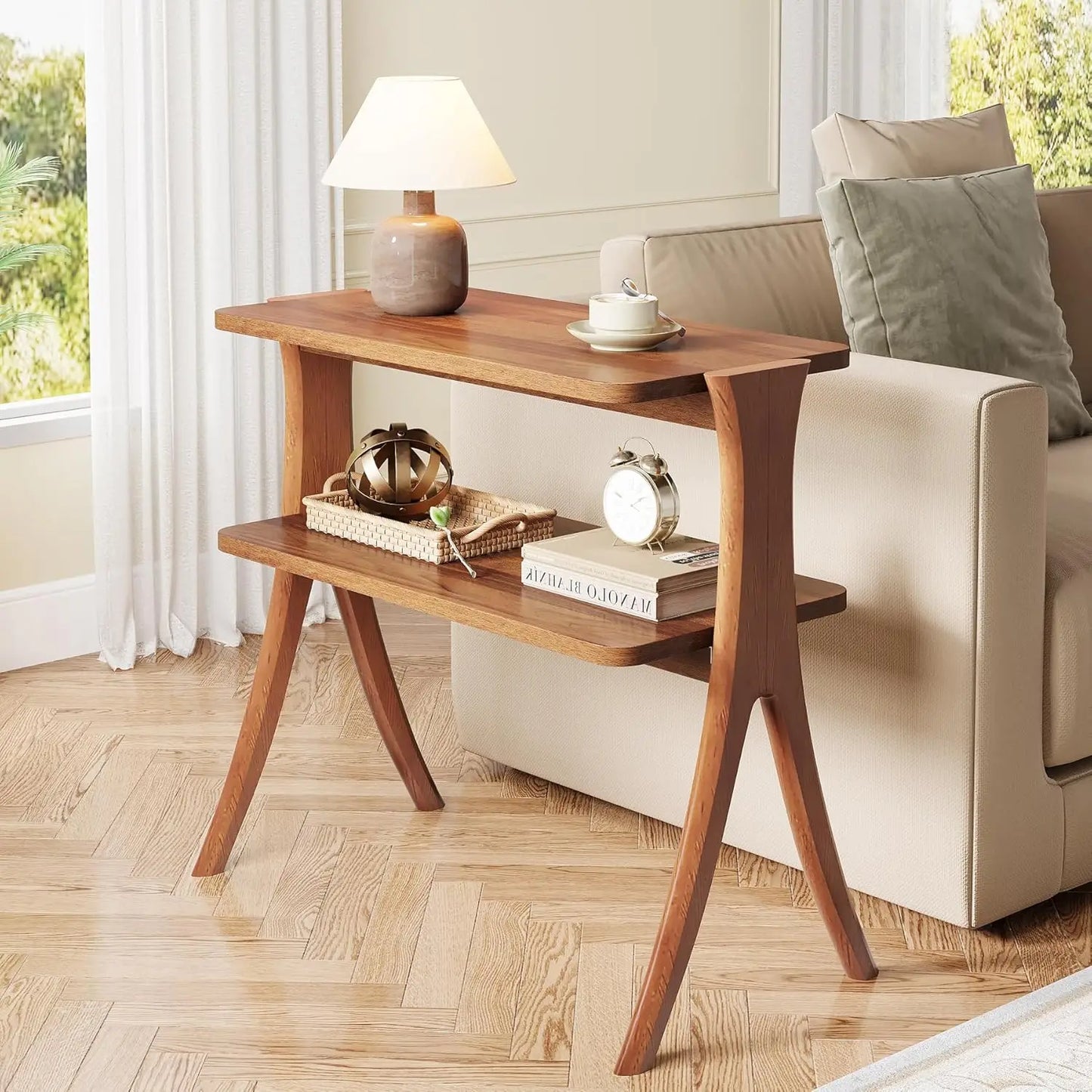 LITTLE TREE Side Table Farmhouse End Table Two Tier Storage