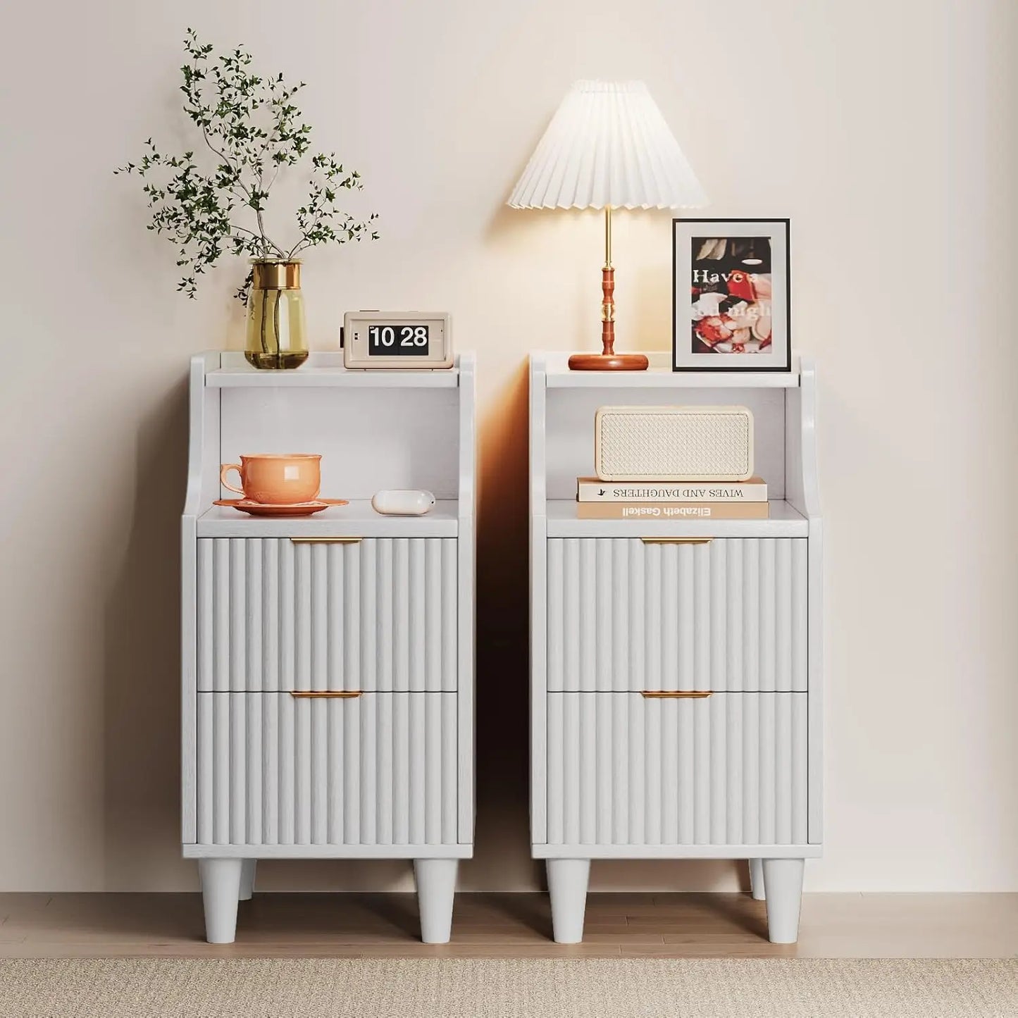 Frame Narrow Nightstand Set Of 2 With 2 Drawers Fluted