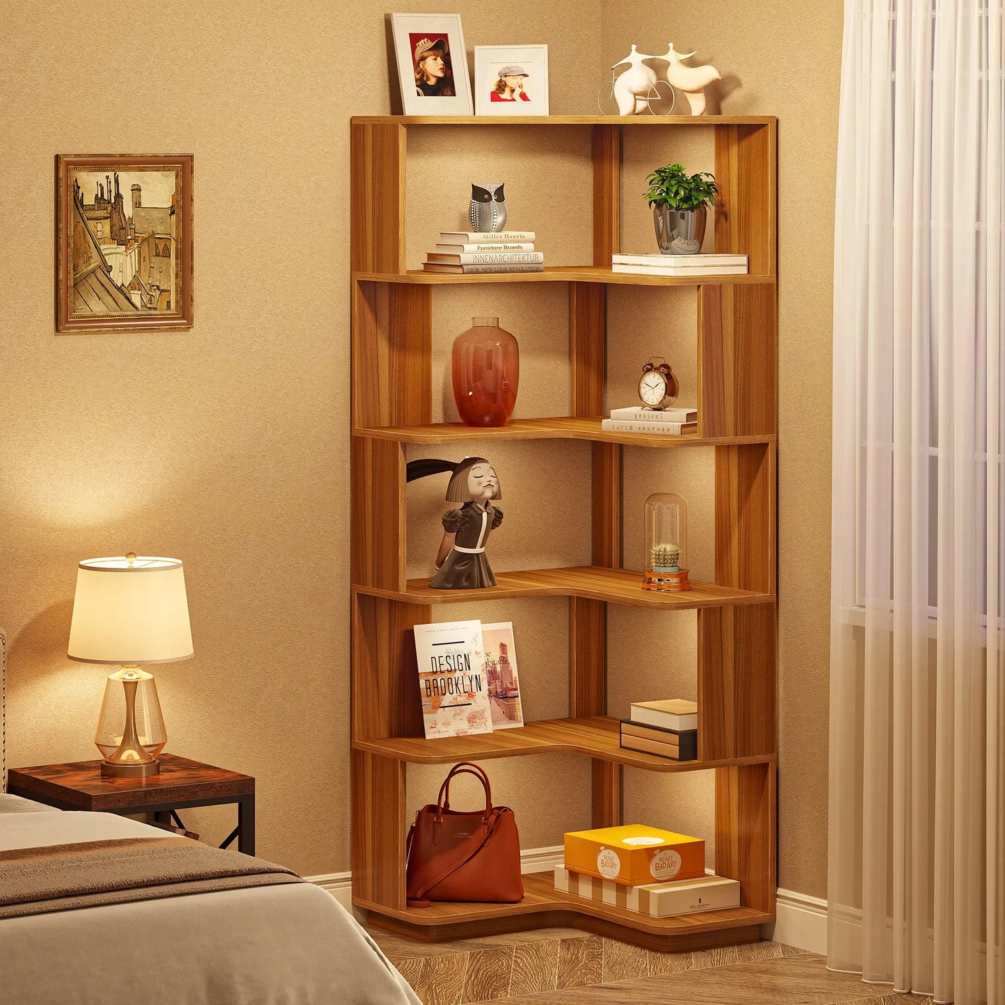 Tribesigns 6 Tier Corner Bookshelf Industrial Wood Grain Corner Shelf