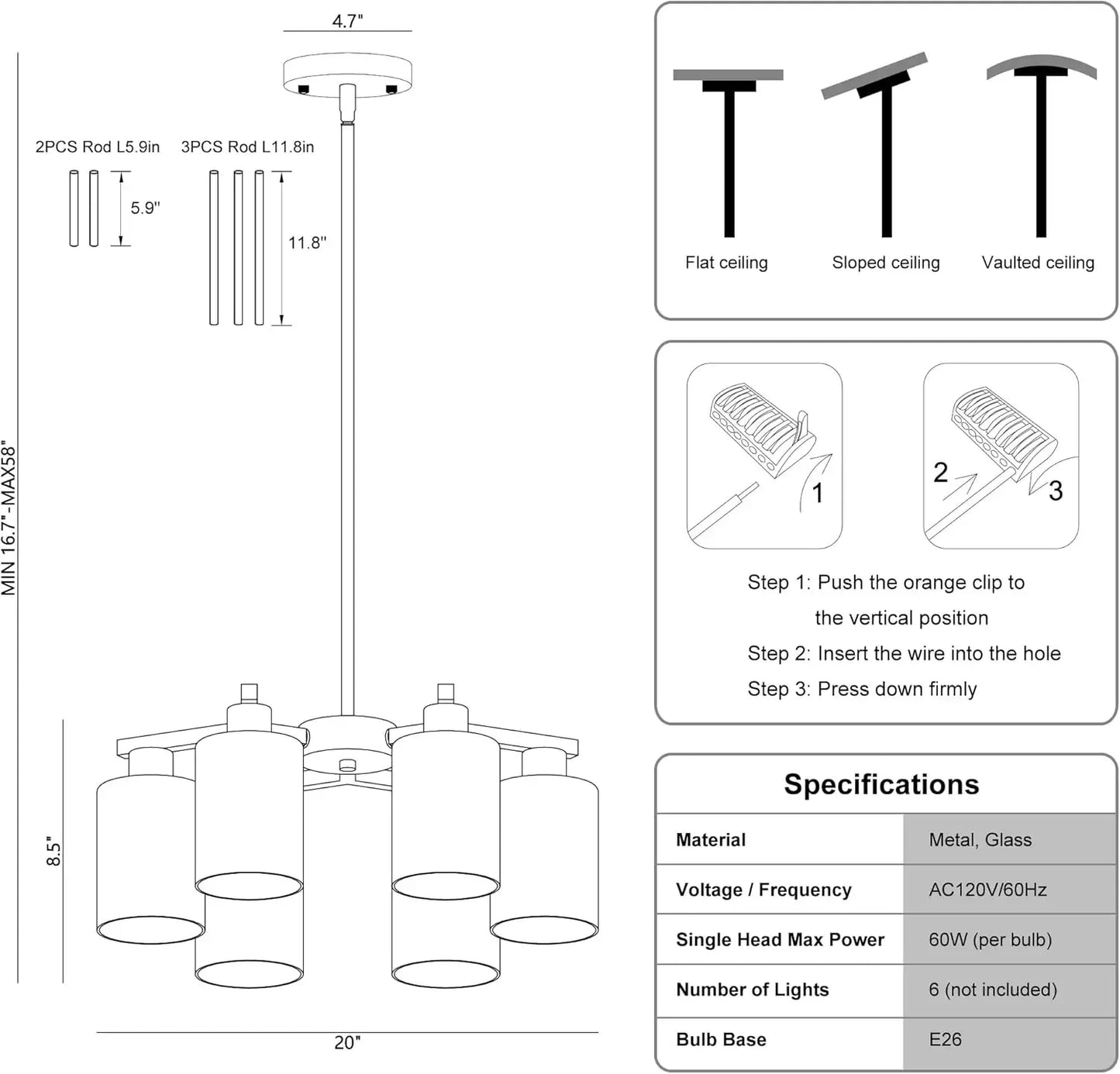 6-Light Modern Farmhouse Chandelier For Dining Room