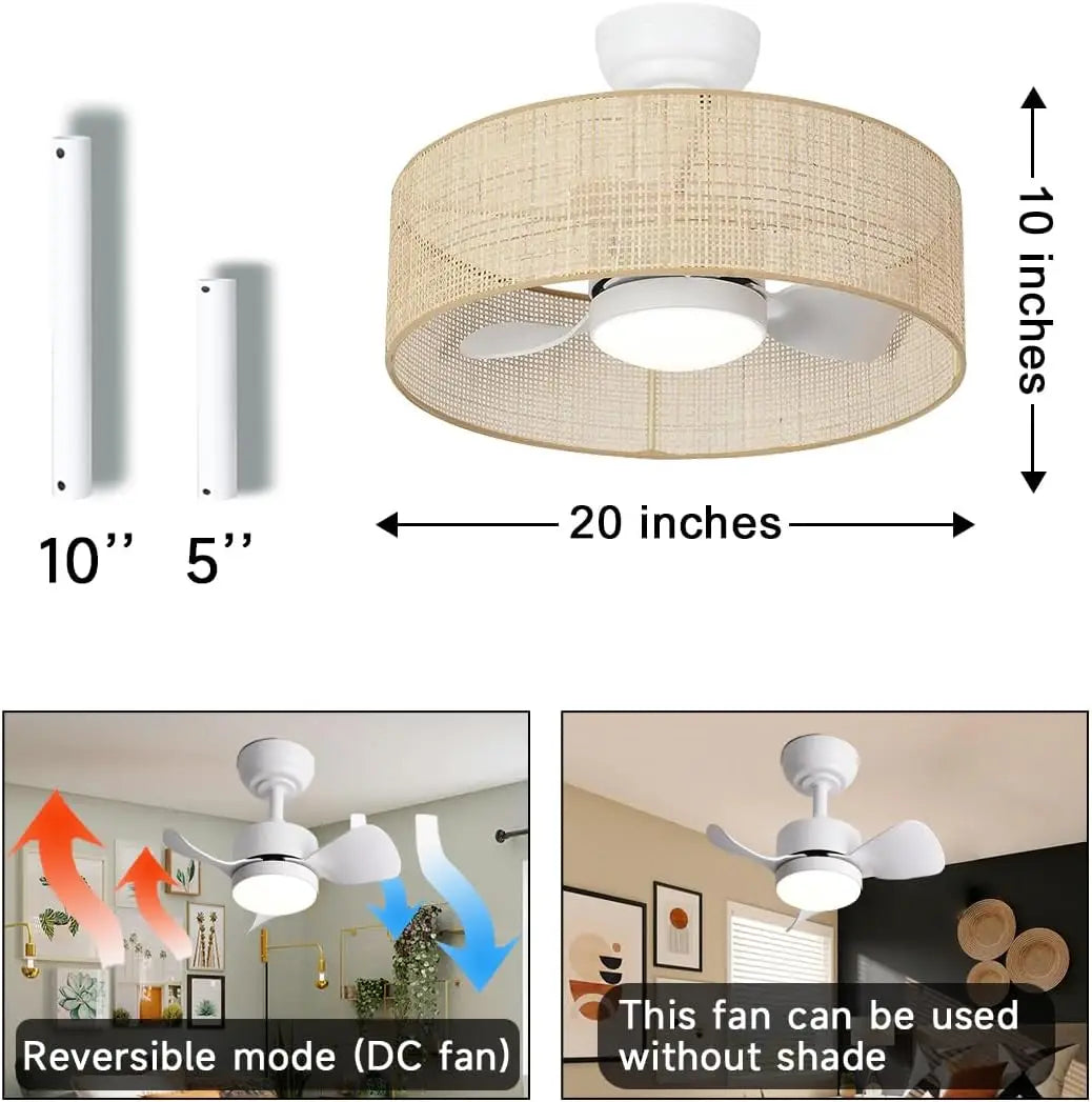 18W LED Dimmable Boho Drum Caged Ceiling Fan With Light