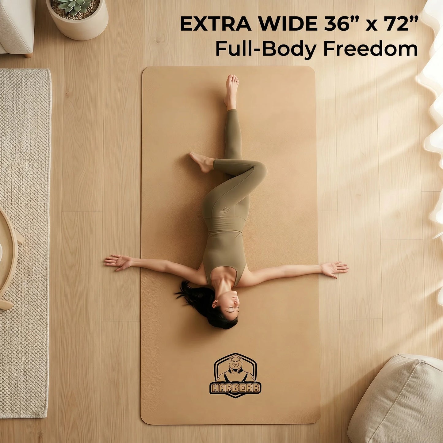HAPBEAR Cork Yoga Mat Non-Slip for Home Workouts Carry Bag