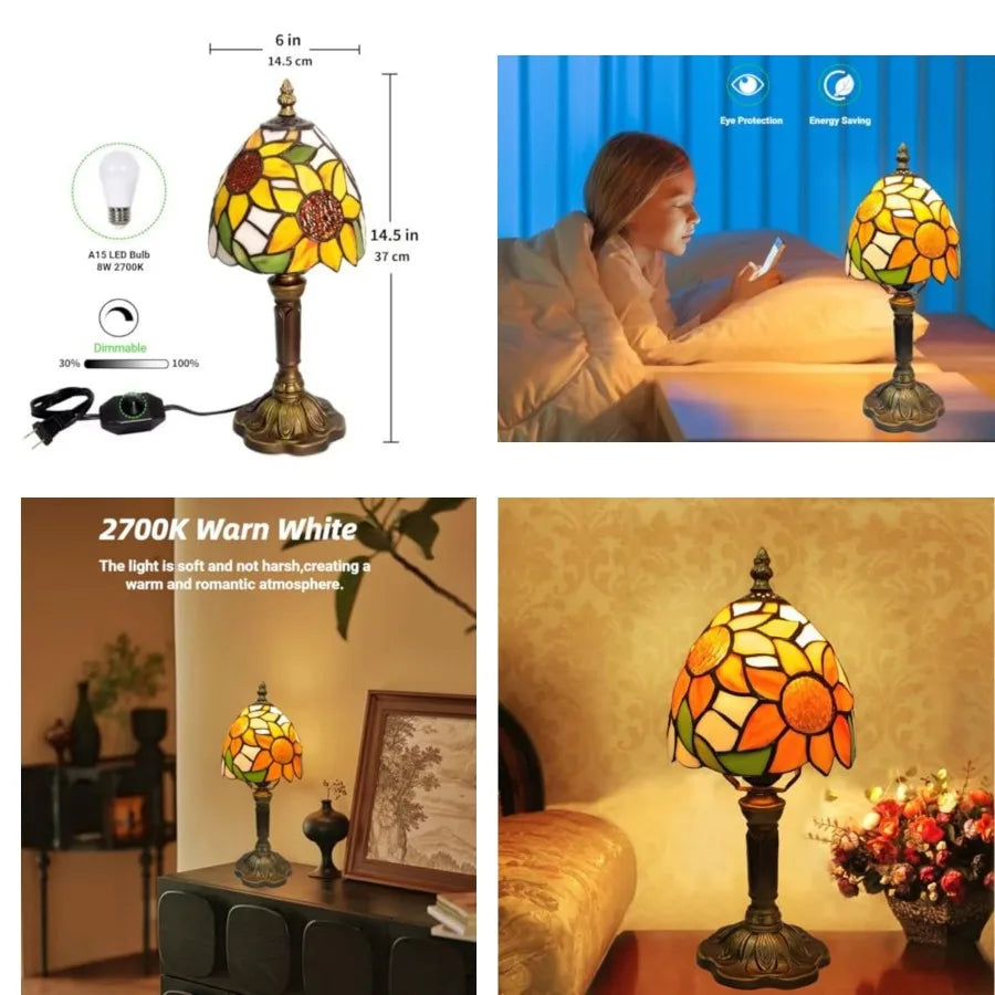 Solar Powered Sunflower Stained Glass Tiffany Style Table Lamp