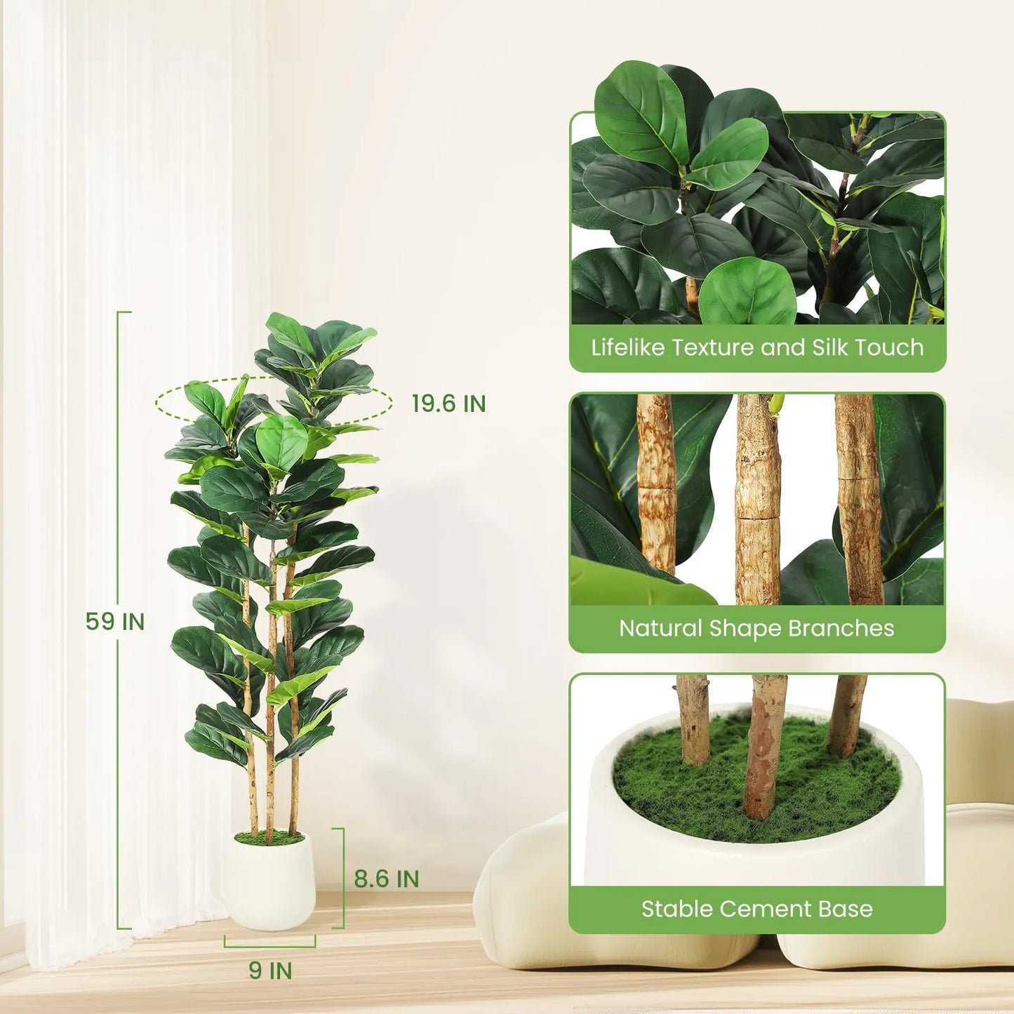 Artificial Fiddle Leaf Fig Tree With White Planter For Home Decor