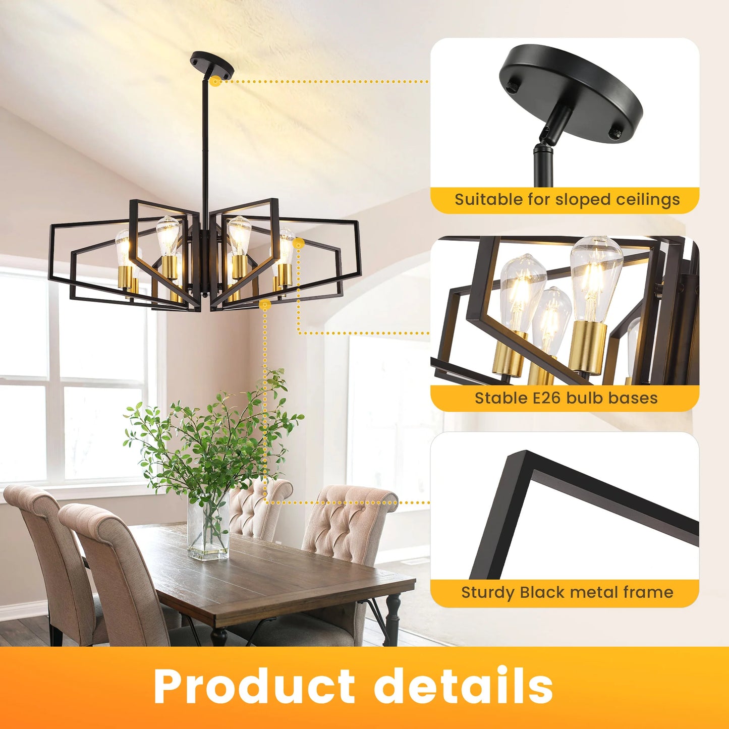 Modern 8-Light Geometric Chandelier With Adjustable Pendant Light