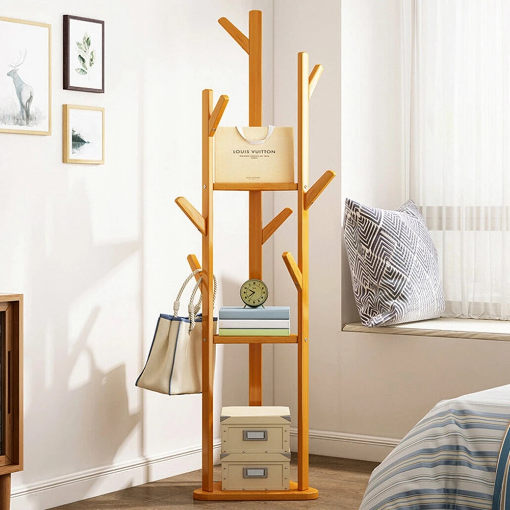 Wisfor Bamboo Corner Coat Rack With Hooks And Shelves