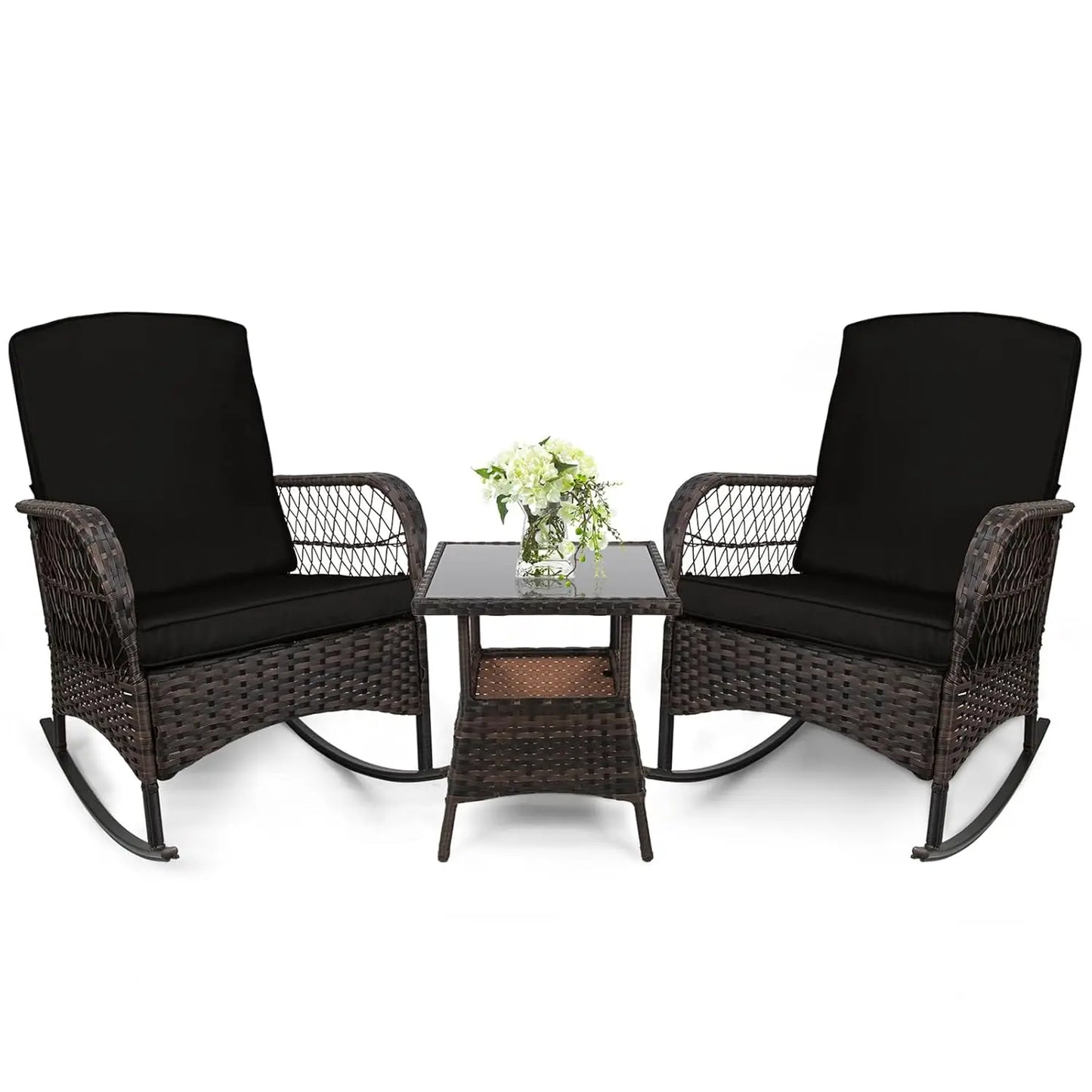 Outdoor 3 Piece Rocking Bistro Set With Glass Table PE Wicker