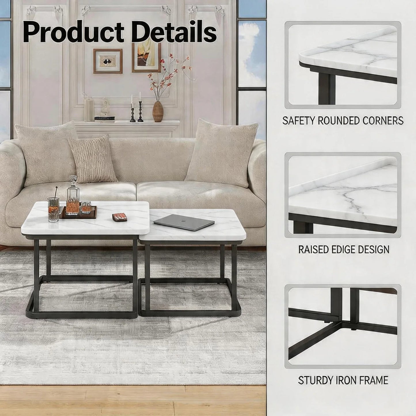 HiMISS Square Nesting Coffee Tables With Fluted Wood Design
