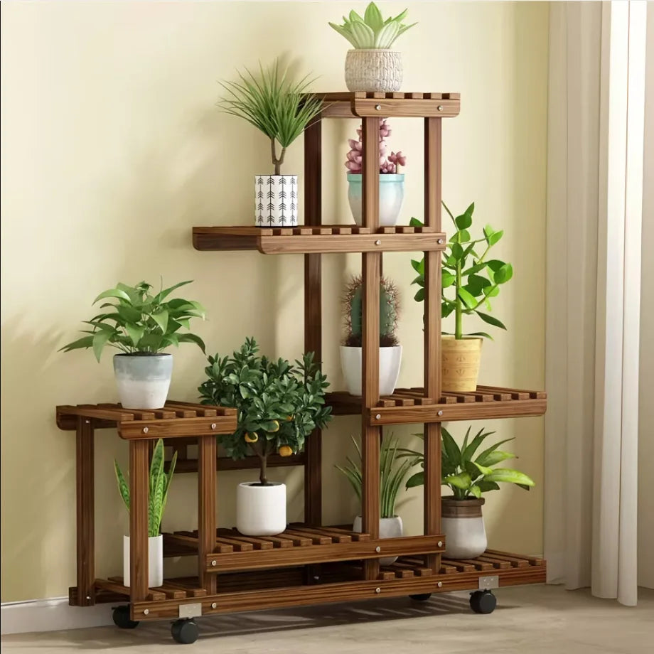 WisforFrame Five Tier Wood Plant Stand Rack With Wheels