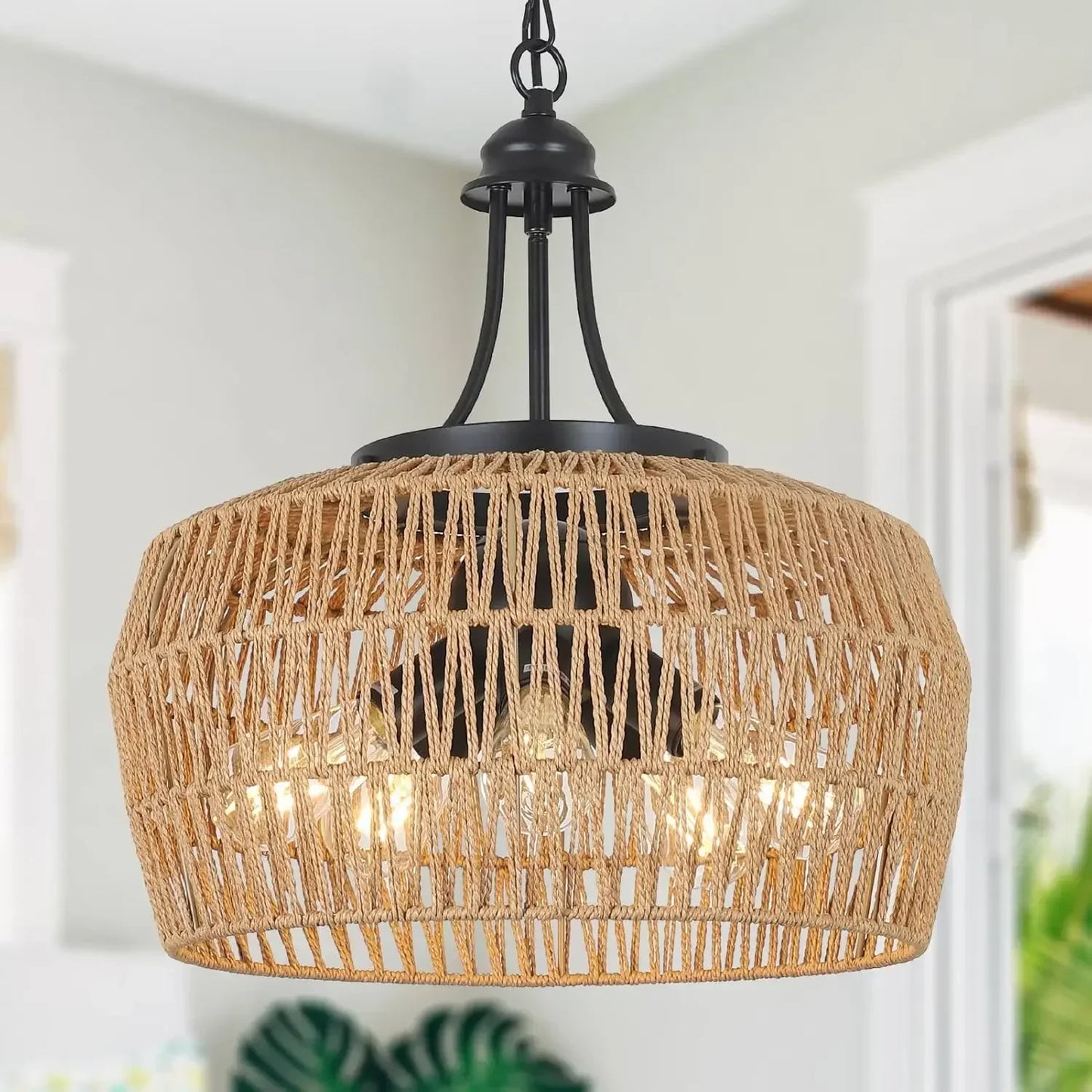 Farmhouse 5 Light Rattan Chandelier Dining Room Light Fixture
