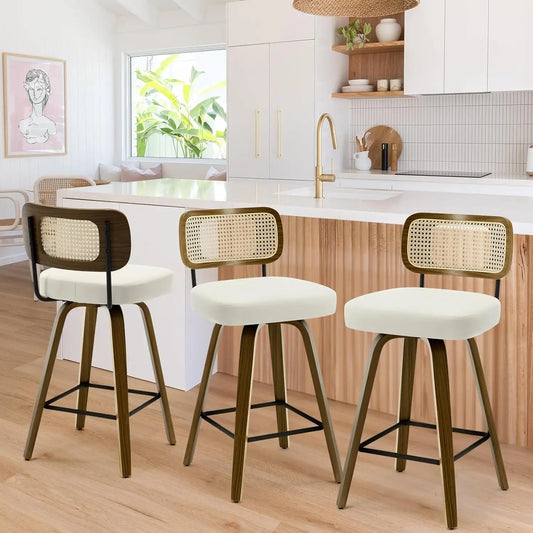 Swivel Bar Stools Set of 3 Upholstered Faux Leather Rattan