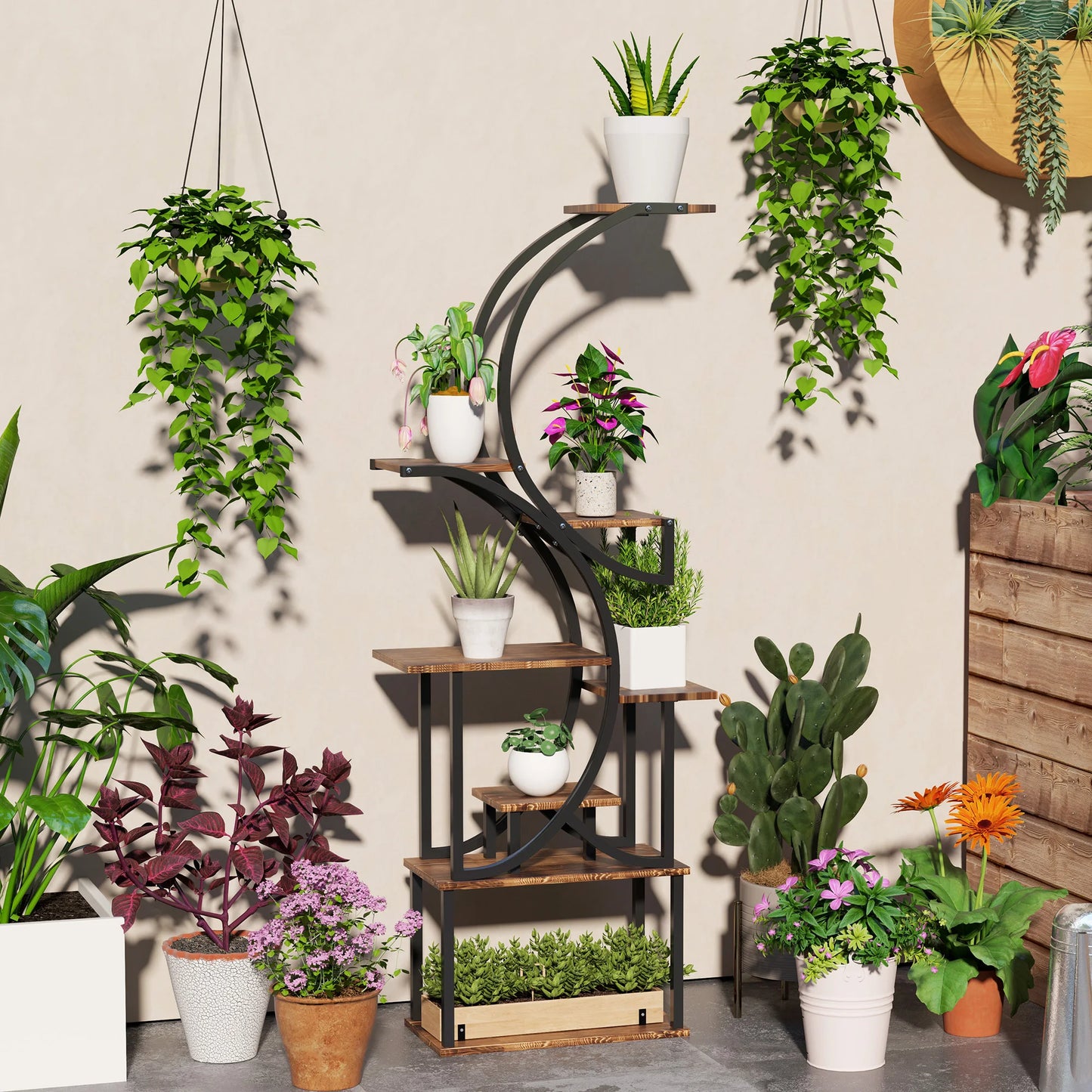 S Shaped Corner Plant Stand With Metal Frame Carbonized Finish