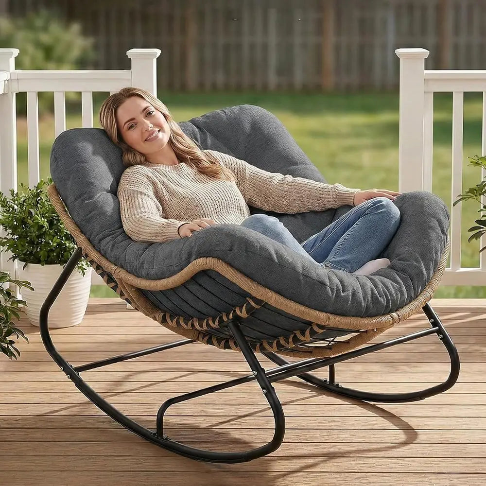 Outdoor Papasan Rocking Chair With Thick Cushion Wicker Egg Chair