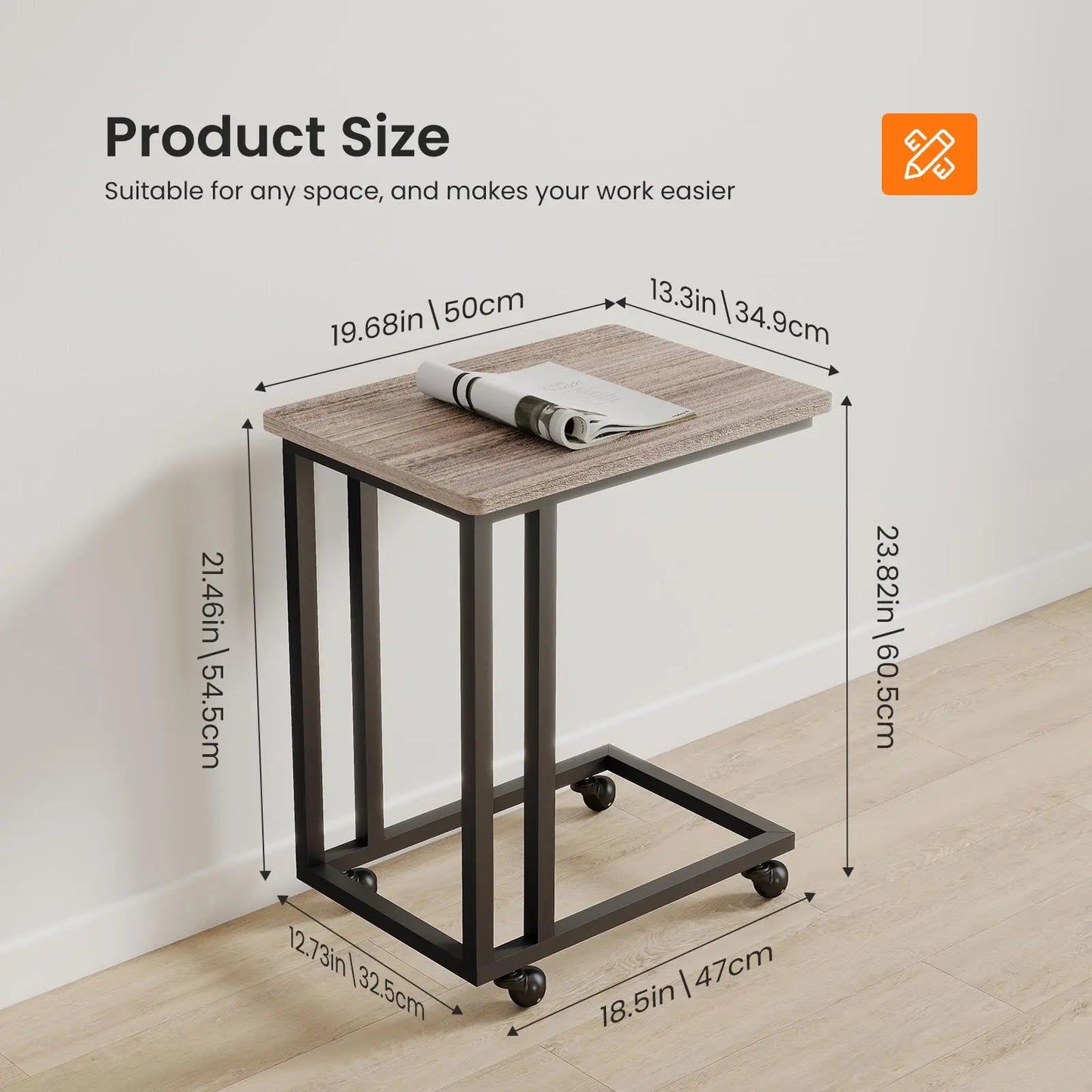 JHK Wood Overbed Table With Wheels Metal Frame Bedside Desk