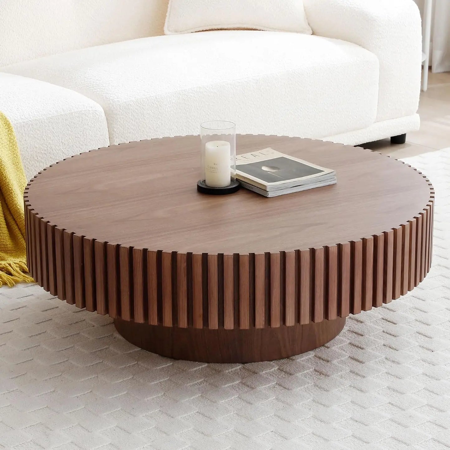 Oak Round Coffee Table Wood Modern Drum Fluted Circle