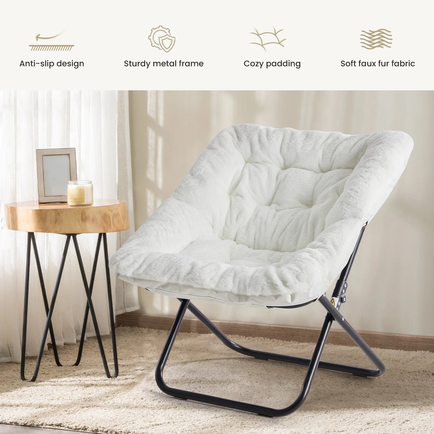 JHK Cozy Saucer Chair Faux Fur Folding Lounge Seat