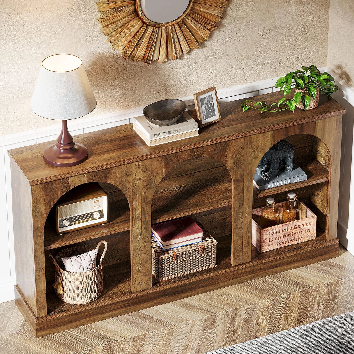 Tribesigns Wooden Farmhouse Console Table With Three Tier Storage