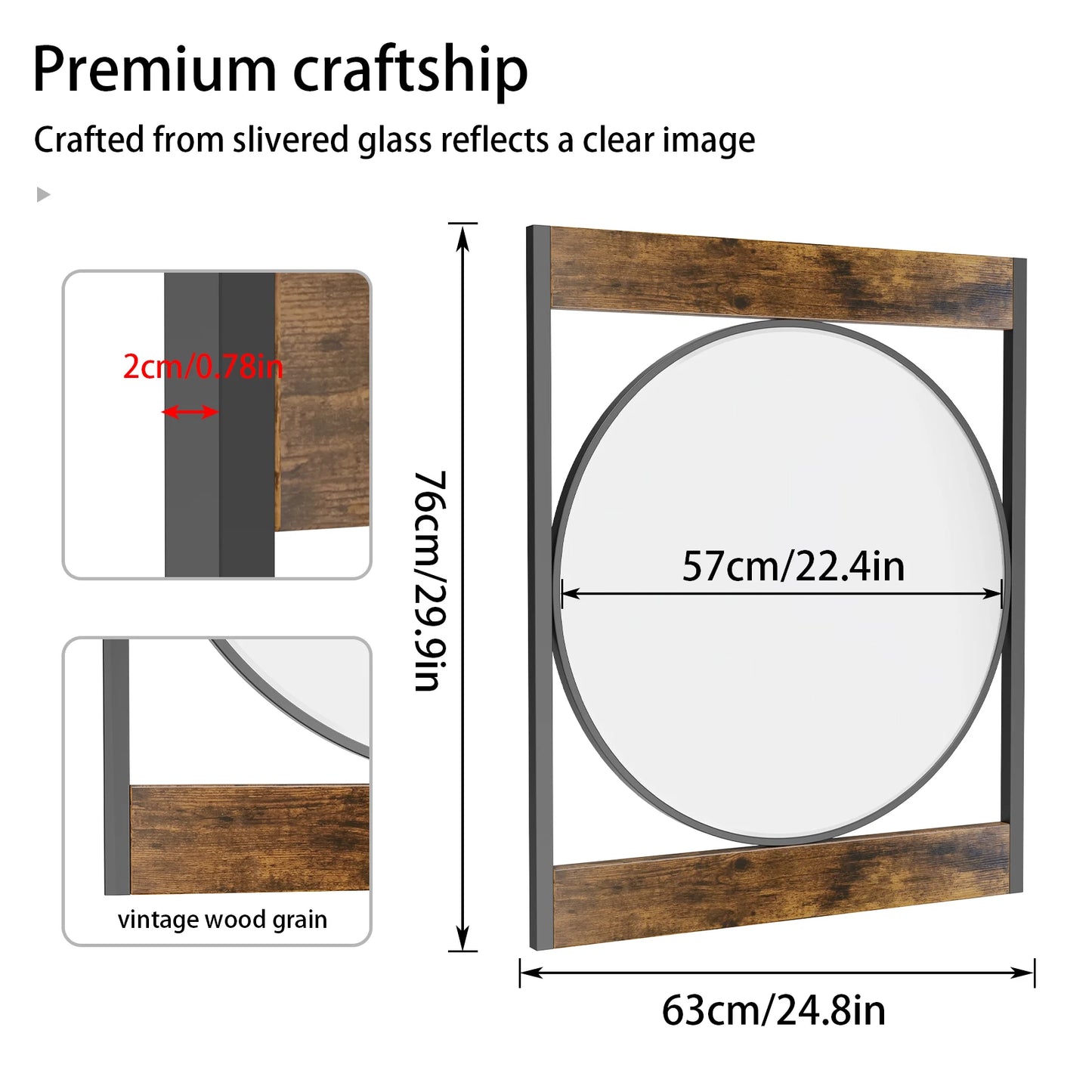 Industrial Metal Wood Framed Wall Mount Mirror For Living Room