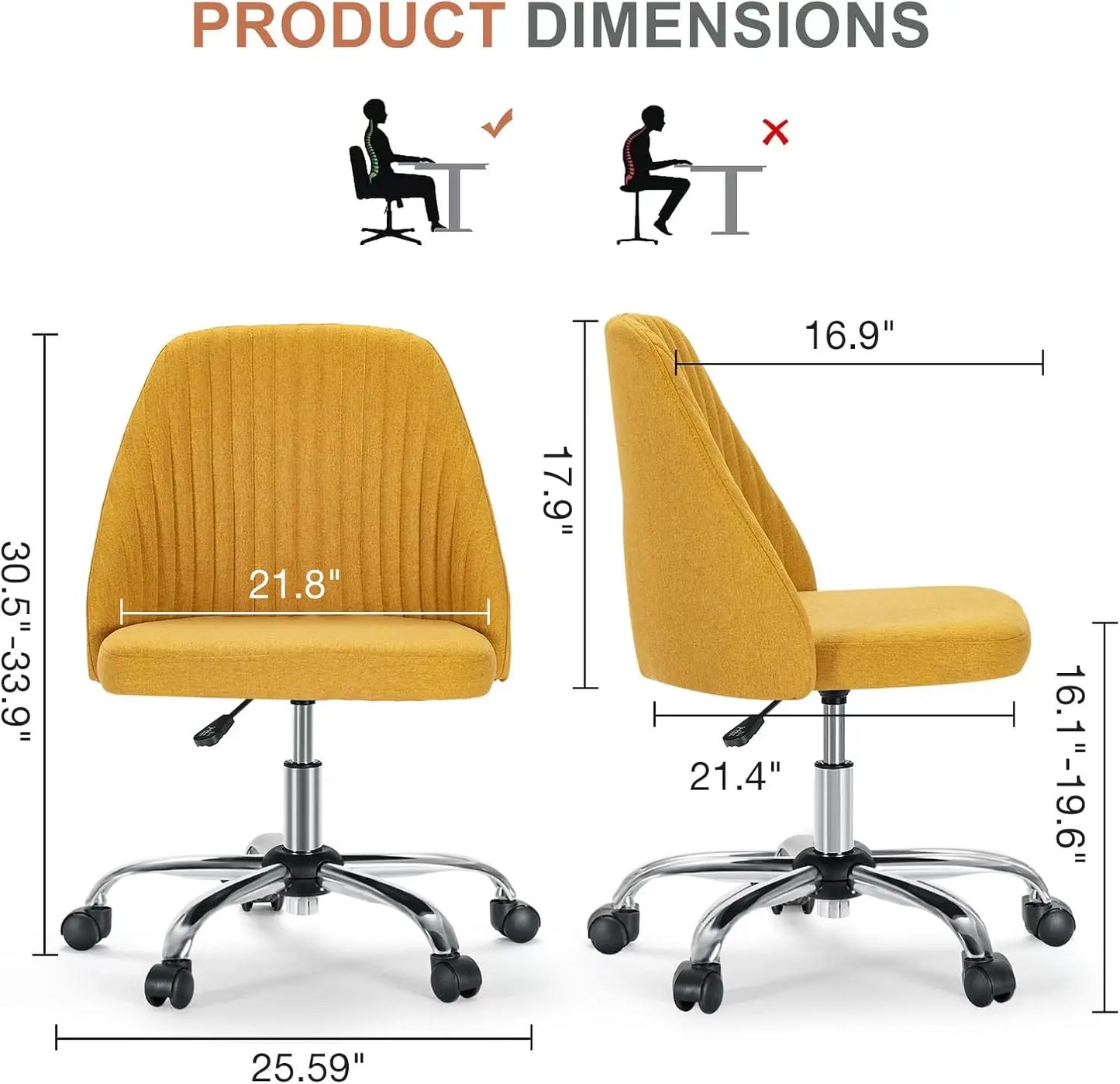 Height Adjustable Armless Vanity Office Chair With Rolling Wheels