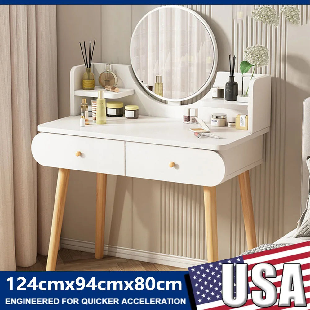 Vanity Table With Two Drawers And Makeup Mirror For Bedroom
