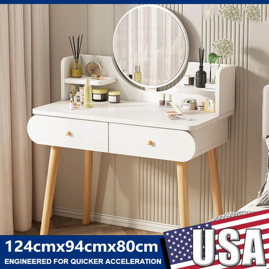 Vanity Table With Two Drawers And Makeup Mirror For Bedroom