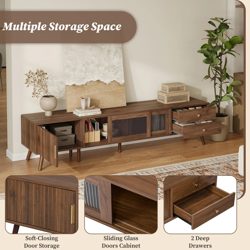 Modern Minimal Glass Doors TV Stand With Wood Grain Cabinets