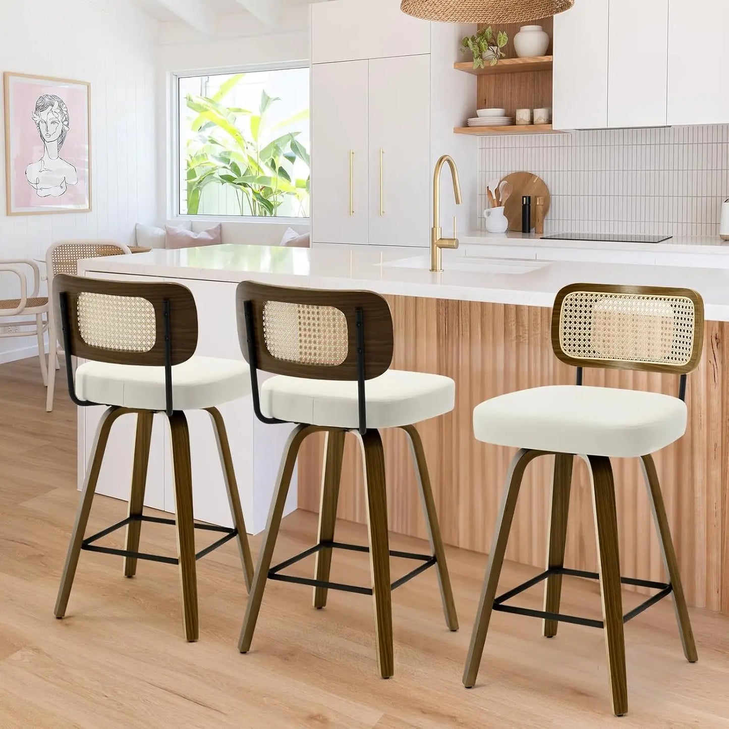 Swivel Bar Stools Set of 3 Upholstered Faux Leather Rattan